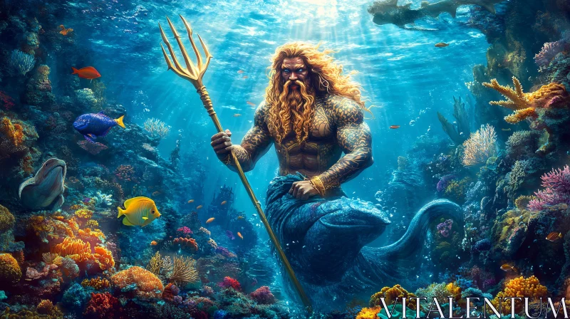 AI ART Majestic Merman Holding Trident Underwater