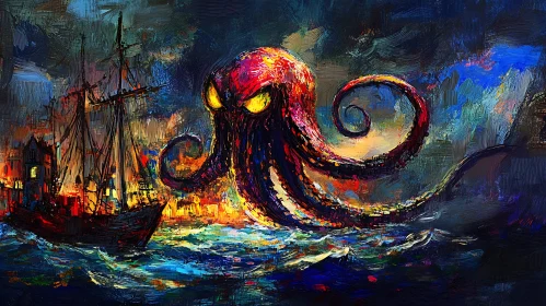 Breathtaking Painting of a Giant Octopus with a Ship