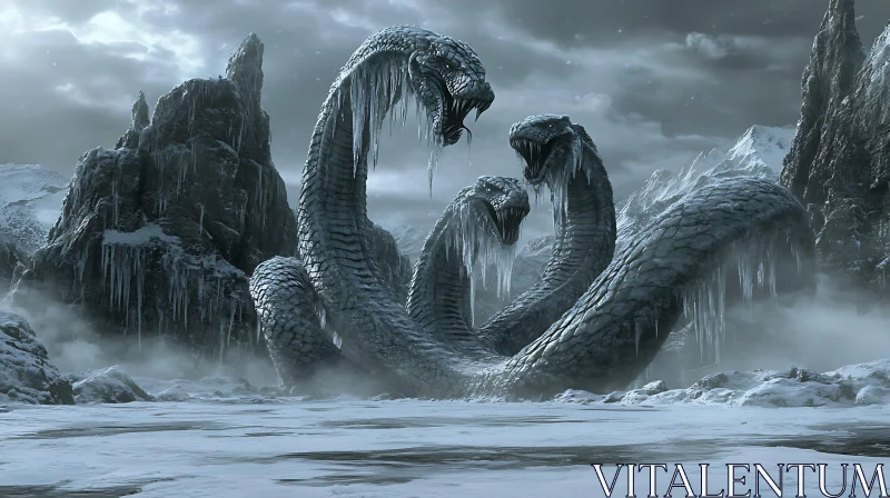 AI ART Mythical Three-Headed Serpent amidst Icy Mountains