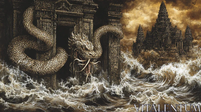 Epic Dragon and Temple Scene with Crashing Waves AI Image