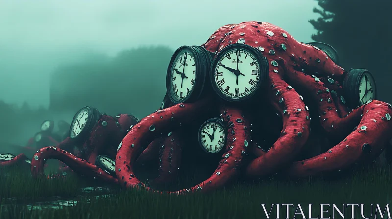 Fantastical Tentacles and Clocks in a Foggy Landscape AI Image