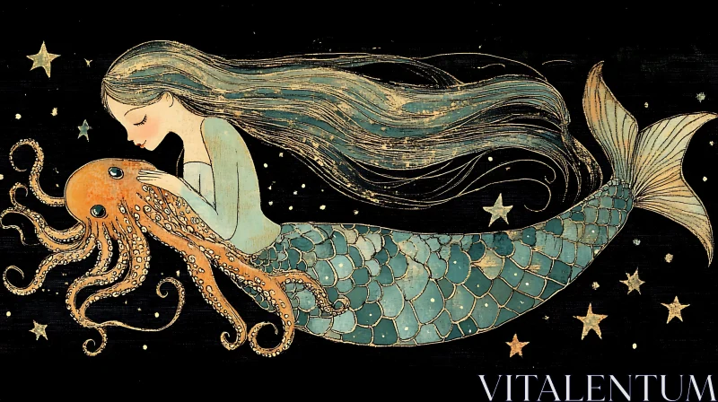 Magical Sea Creature and Mermaid Under the Stars AI Image