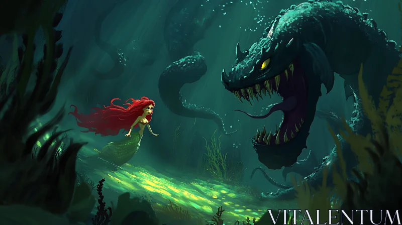 Terrifying Underwater Encounter Between Mermaid and Sea Monster AI Image