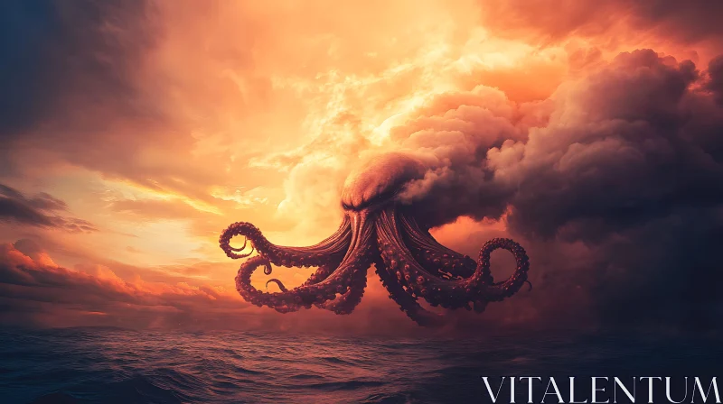 AI ART Mythical Octopus in a Dramatic Sunset Sky