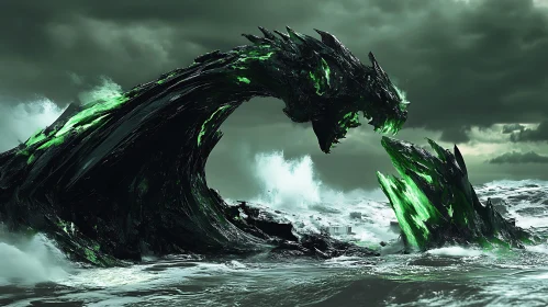 Green and Black Sea Creature in Rough Seas