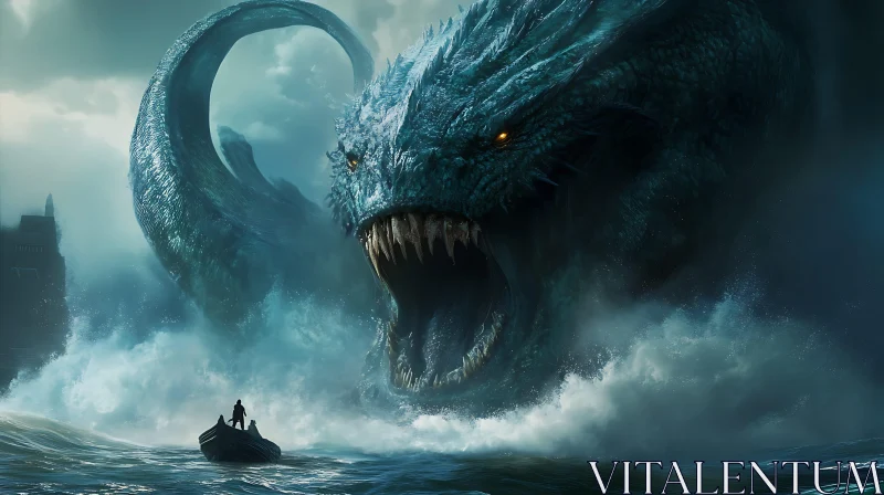 Giant Sea Monster Confronts Boat in Rough Seas AI Image