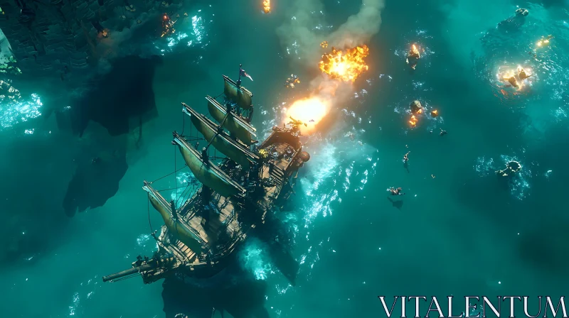 Explosive Naval Combat in Vibrant Blue Sea AI Image