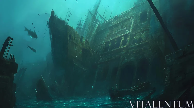 AI ART Ancient Wreck Engulfed by Ocean Depths