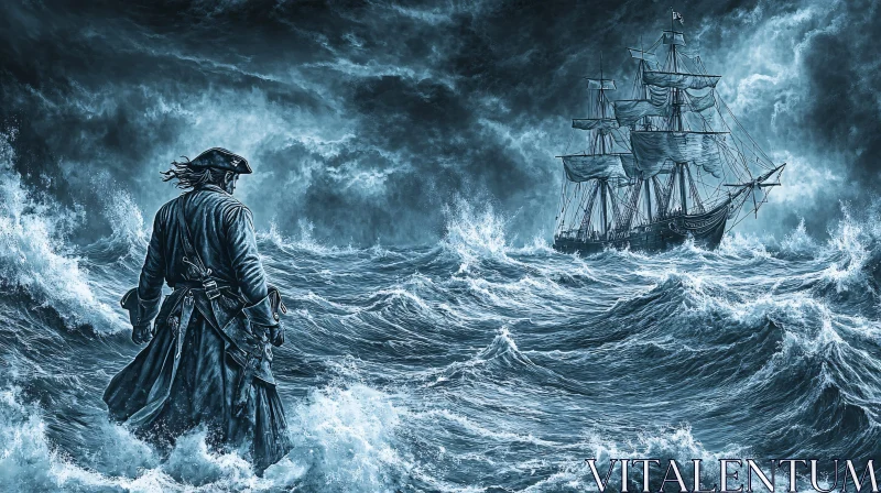 Pirate Confronting a Stormy Sea AI Image