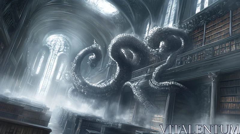 Gothic Library with Metallic Tentacles AI Image