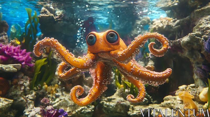 Orange Octopus Gracefully Swimming in Coral Reef AI Image