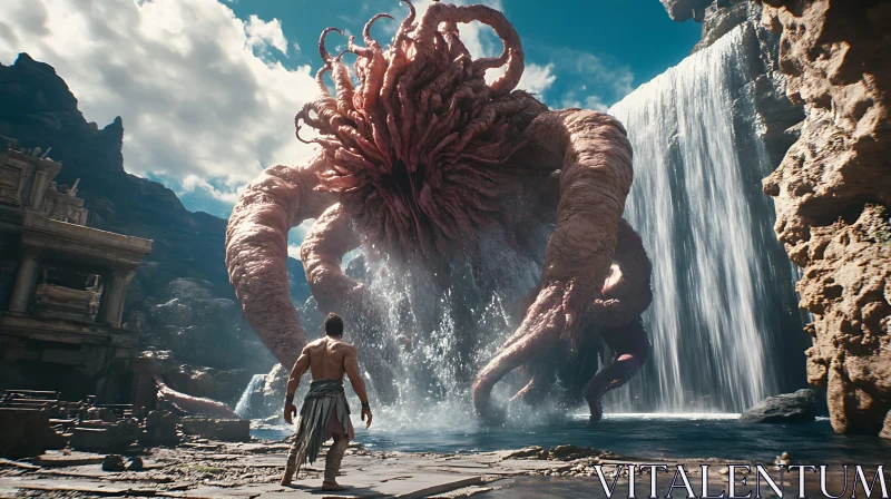 Man Faces Giant Tentacled Monster Near Waterfall AI Image