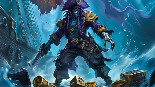 Skeleton Pirate Guarding Treasure in an Underwater World