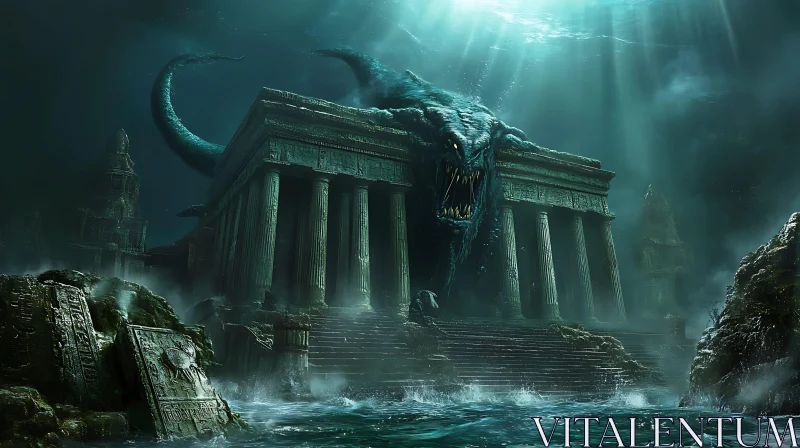 Sea Monster Attacks Submerged Ancient Temple AI Image