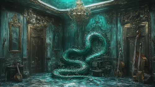 Eerie Baroque Music Room with a Fantastical Serpent