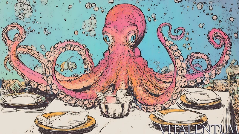 Octopus at the Underwater Dining Table AI Image