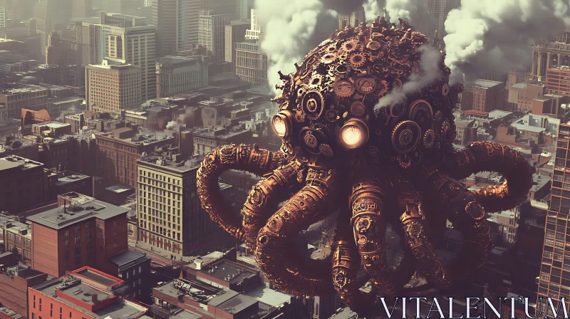 Mechanical Steampunk Octopus in an Urban Environment AI Image