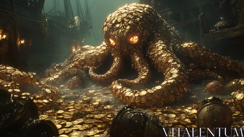 Mystical Octopus of Gold in Sunken Ship AI Image