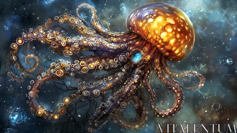 Luminous Octopus Floating in Dark Underwater World AI Image