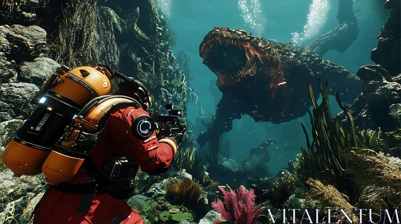 Diver vs. Giant Sea Monster AI Image