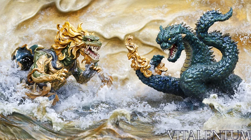 Fiery Clash of Mythical Creatures in Water AI Image