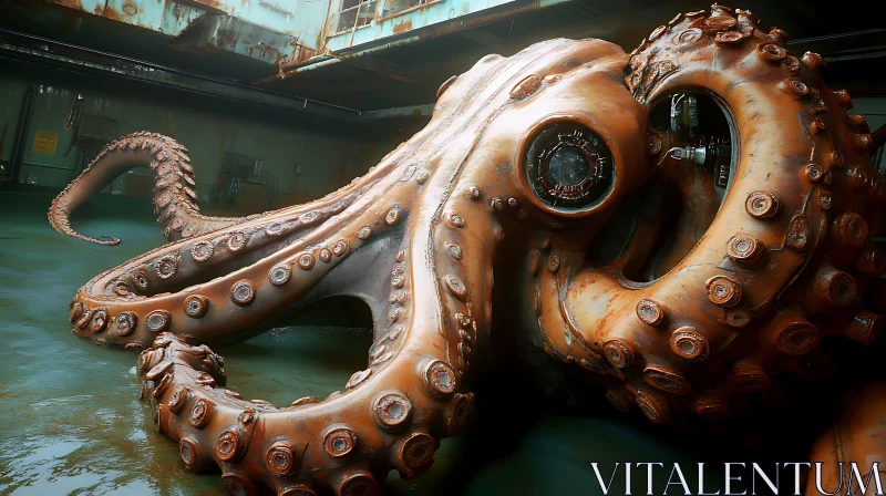 Cyborg Octopus Amidst Industrial Backdrop AI Image