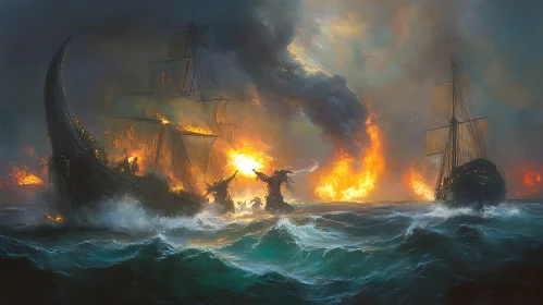 Fierce Ship Battle Amidst Blazing Flames