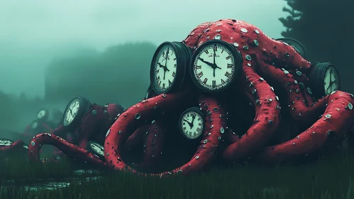 Fantastical Tentacles and Clocks in a Foggy Landscape