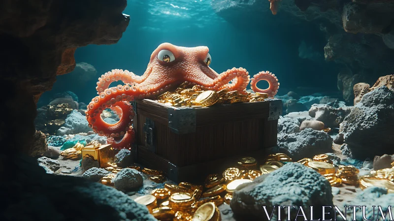 Octopus and Underwater Gold Treasure AI Image