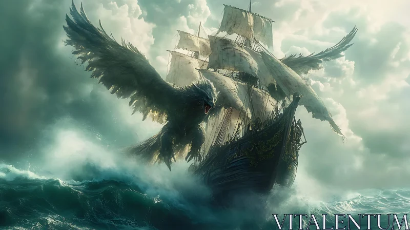 Stormy Seas with Giant Bird and Ship AI Image