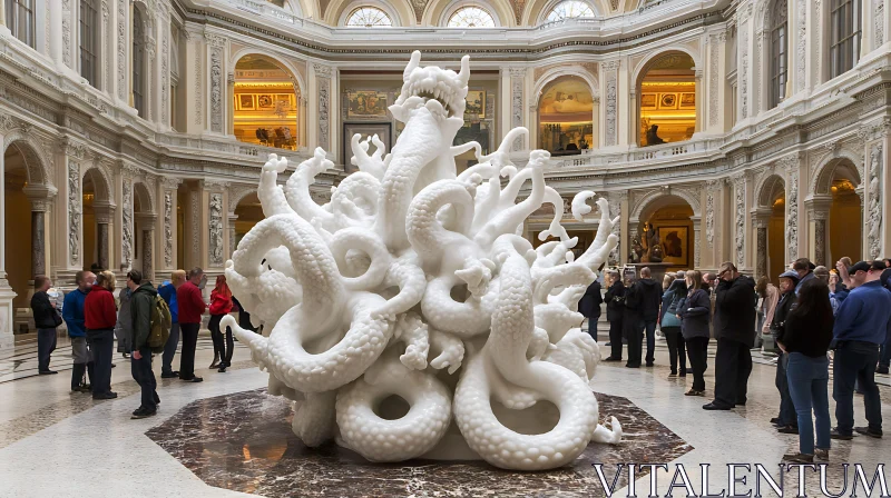 Intertwined Dragon Sculpture in Classical Museum Setting AI Image