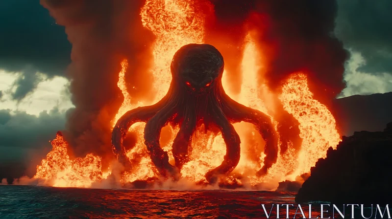 AI ART Giant Squid-Like Creature Amidst Lava Eruption