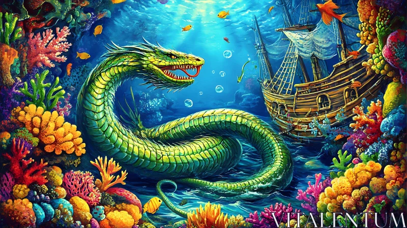 Mythical Sea Serpent in Coral Reef Near Sunken Ship AI Image