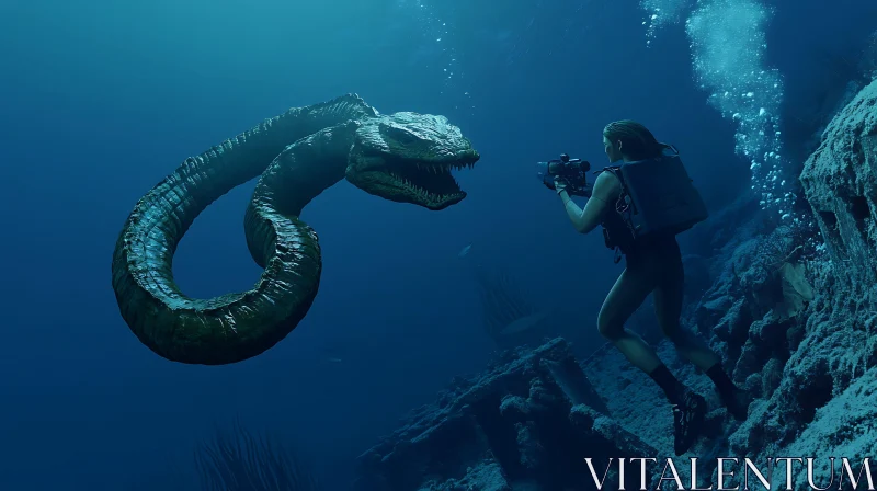 Diver Meets Mysterious Sea Creature AI Image