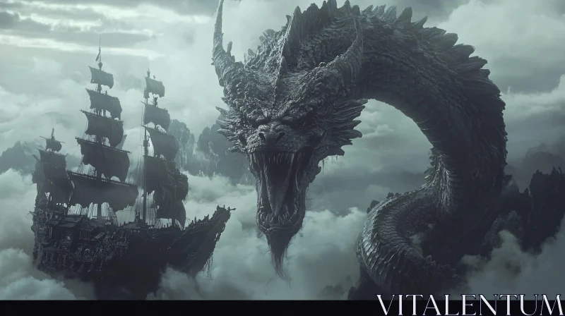 Dragon and Ship Face-Off in Cloudy Mountainscape AI Image