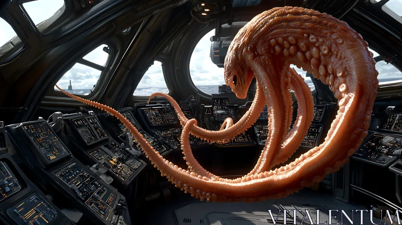 Sci-Fi Alien in High-Tech Control Room AI Image