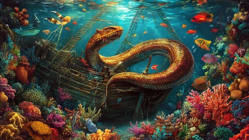 Underwater Enigma with Submerged Ship and Marine Snake