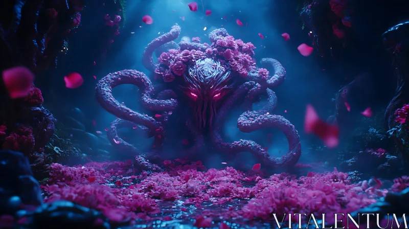 Flower-Adorned Tentacled Beast with Glowing Eyes AI Image