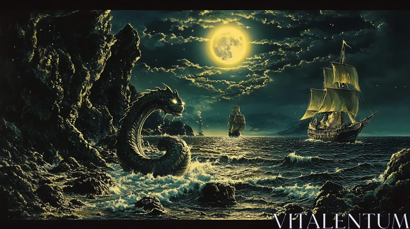 Mystical Dragon in Moonlit Ocean with Ships AI Image