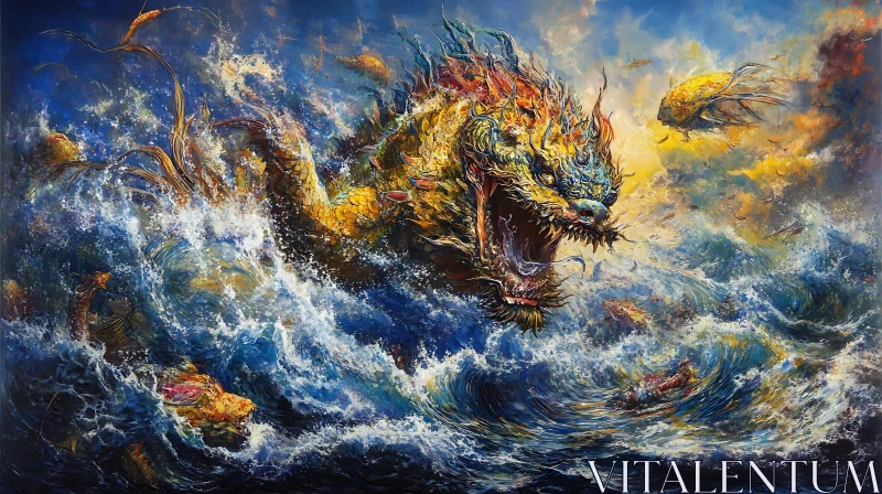 Fierce Dragon in Turbulent Ocean Waves AI Image