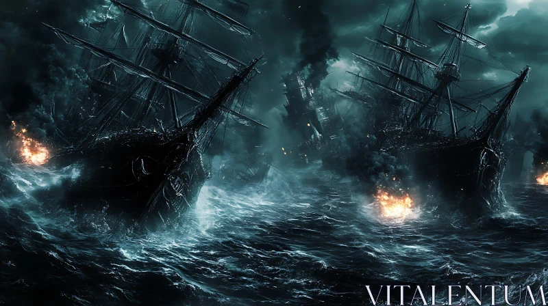 AI ART Fierce Stormy Sea Conflict with Burning Ships