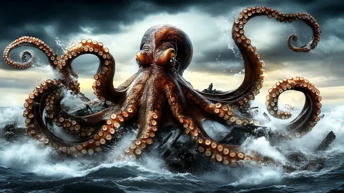 Ancient Sea Monster with Tentacles in Stormy Ocean