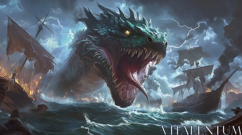 AI ART Stormy Seas with Burning Ships and a Giant Dragon