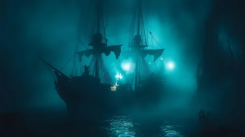 Ghostly Vessel in Fog