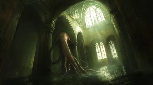 Gothic Cathedral with Tentacled Monster