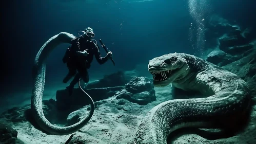 Underwater Diver and Enormous Sea Creature