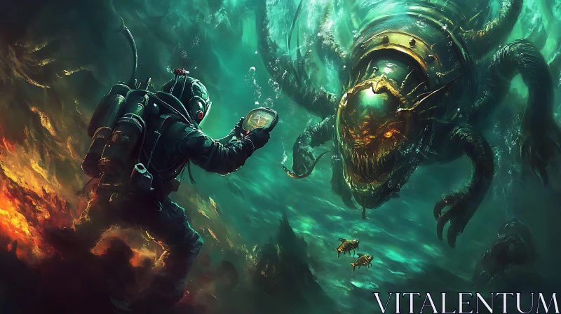 Diver and Sea Monster Encounter in Dark Ocean Depths AI Image