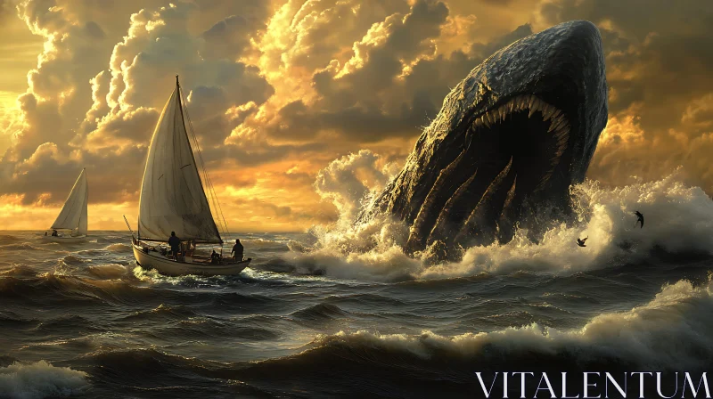 Dramatic Whale and Sailboats at Sunset AI Image