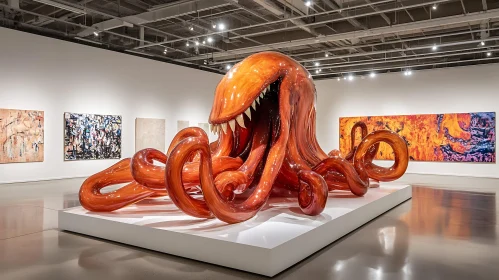 Intriguing Orange Sculpture with Tentacles in Art Gallery