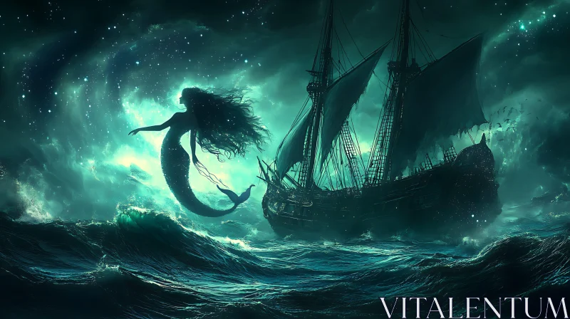 Mystical Scene of Mermaid and Sailing Ship at Night AI Image